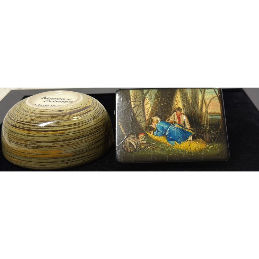 Fedoskino 1960s Russian Lacquer box "Birders" Palekh handmade USSR RARE 3.5x2.5